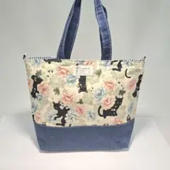 【SALE 】黒ネコアイボリー　ハンドメイドトートバッグ2wayショルダーバッグ