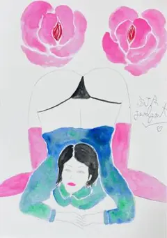自画像ドローイング♡A4水彩アクリル絵画原画抽象画
