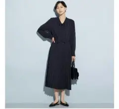 新品☆PLST ジョーゼットプリーツドッキングワンピース ネイビー М