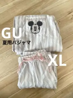 GU ミッキー刺繍入り 夏用パジャマ 上下セット XL ピンクグレーストライプ