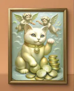 幸福と財運を呼ぶ招き猫額　縁付　健康運、金運を開運するインテリア絵画グラフィック