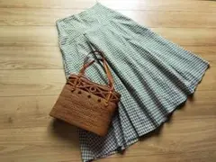 美品イエナIENAギンガム柄グリーン✕ピンクギャザースカート！麻混36