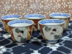伊万里 色絵 松鶴図輪花向付け 湯呑み 蕎麦猪口 カップ 五客 骨董