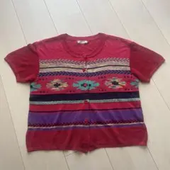 PINORE 赤 多色模様 半袖カーディガン