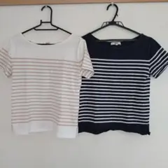 OZOC ネイビー/ベージュピンクボーダー Tシャツ 38