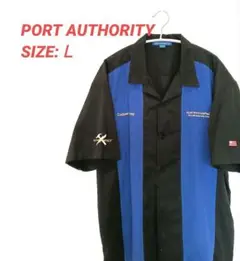 海外古着 PORT AUTHORITY 半袖ワークシャツ Ｌ 青黒
