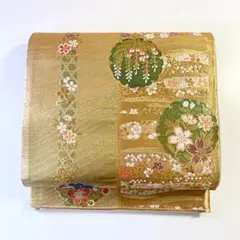 2m1034 袋帯 絹 金色 ピンク 緑 白 紫 光沢 和装 着物