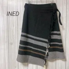 a520＊【美品】INED ラップスカート 黒系【9】 ウエストベルト　フリンジ