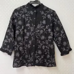 黒 花柄刺繍 七分袖シャツ　まりむら　馬里邑