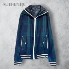 【AUTHENTIC】　チェック柄　パーカー　ブルゾン　アウター　裏地付き　緑