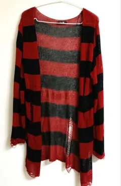 【新品】赤黒ストライプ メッシュカーディガン レディース