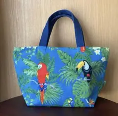 ハンドメイド　ミニバッグ　トロピカル柄　インコ　オウム　鳥柄　アニマル柄　青