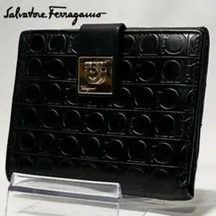 【極美品】Ferragamo レザー 二つ折り財布 ガンチーニ ゴールド金具 黒