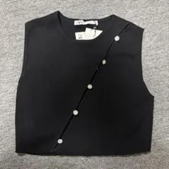 ZARA ビジュー付きブラックノースリーブ M