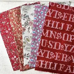 【ハギレセットH】 レッド　カントリー　花柄　総柄　生地　5枚　まとめ売り