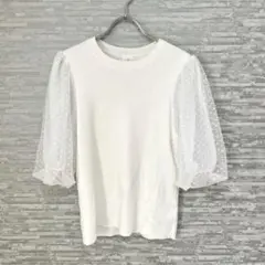 【訳あり出品】　C ワールド　白　トップス　S ドット　パフスリーブ