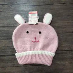ウサギ耳付きピンクベビー帽子 約56cm