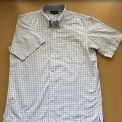 スコッチハウス メンズボタンダウン半袖チェックシャツ　Ｌサイズ　水色系