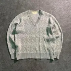 6as7【Japanese vintage】Vネック 総柄ニット グレー 古着