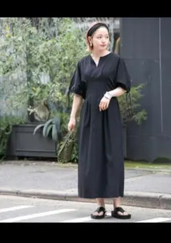 大人気 KBF ドロストスリーブウエストタックワンピース ブラック 38