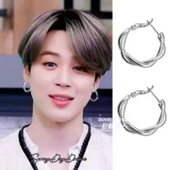 ツイストフープピアス ねじり 韓国BTS ジミン着用 キャッチレス シルバー
