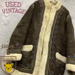 ユーロ古着【民族 刺繍 ムートン 裏ボア レザーコート】レディースL程