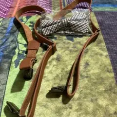 ブラウン サスペンダー チェック蝶ネクタイセット