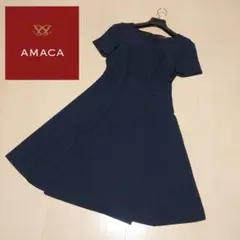 (極美品)AMACA 半袖 ロング フレア ワンピース ネイビー