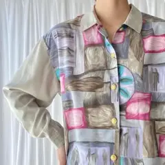 ヴィンテージ 総柄 アート 柄シャツ ブラウス 古着 レトロ A804