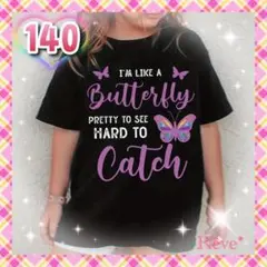 女の子 140 ブラック 半袖 Tシャツ 紫 白 蝶プリント ダンス 運動会Q