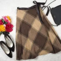 Y2954*最高級☆SCAPAスキャパ☆チェック☆ロングスカート☆ベージュ 茶