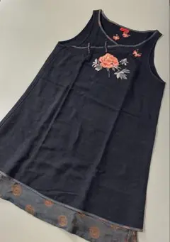 hoa dua チュニック風 ノースリーブチュニック 黒 花刺繍 シルク混