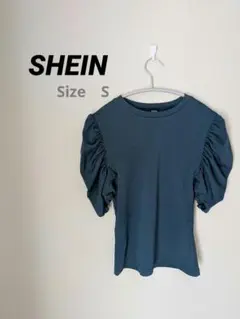 【美品】SHEIN パフスリーブTシャツ　グリーン　ストレッチ　カジュアル　上品