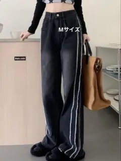 DIAVEL/サイドフリンジワイドデニムパンツ/ブラック