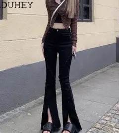 ヴィンテージ ハイウェスト ストレッチ フリンジ フレア デニムパンツ　黒