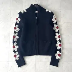 美品♡トリーバーチ ニットジャケット ジップアップ 袖刺繍 花 ネイビー XS