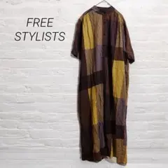 FREE STYLISTS★シャツワンピース チェック柄 　半袖　ブラウン系　F