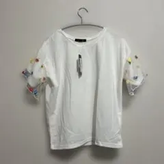 タグ付きBEGUM 花柄刺繍 半袖Tシャツ ブラウスオフホワイト　チュール