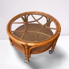 【昭和レトロ】ラタン製 ガラス天板 丸型ローテーブル 直径60cm 高さ35cm