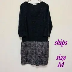 ships 膝丈ワンピース ツイード生地風デザイン 長袖ワンピース【M】