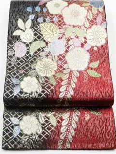 振袖用 袋帯 正絹 赤 黒 金箔 辻が花 Mサイズ F5794 中古美品