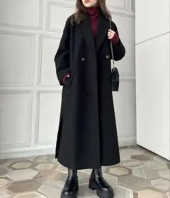 ブラック ダブルブレスト ロングコート