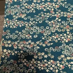 正絹ちりめん　約35×83 青緑系に白桃灰色の小花　花浅葱　小紋