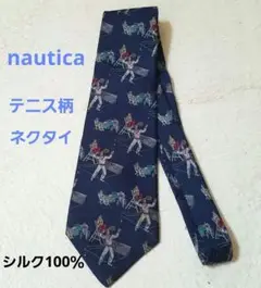 美品ヴィンテージ　nautica　シルク100％テニス柄ネクタイ　ネイビー　総柄