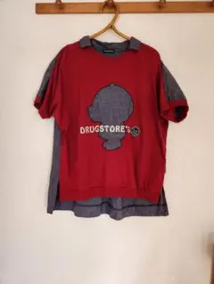 drug store's ロゴ可愛い❤襟付き半袖綿シャツ 異素材