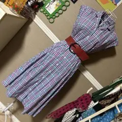 レトロ古着 チェック柄 オープンカラー＆奴袖 ワンピース ヴィンテージ 古着