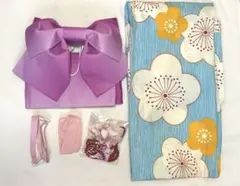 最終値下げ❗️ 浴衣 セット 梅の花柄　ストライプ　水色　レディース