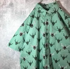 【新品タグ付】ターコイズ×グリーン 総柄シャツ 日本製 ユニセックス Y2K