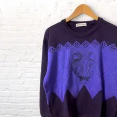 【古着】 レトロ ニット セーター 刺繍 パープル 90s 原宿