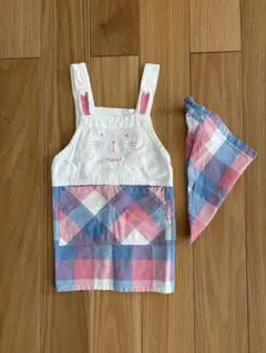 【美品✨】チェック柄うさぎ ＊ 女の子エプロン／100サイズ　三角巾セット